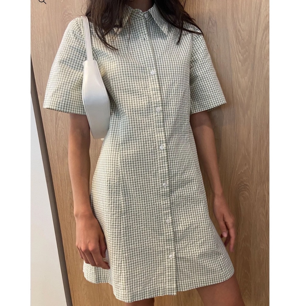 Oak + Fort Collared Mini Gingham Dress Sage White Button Front Size S/M NWT $78